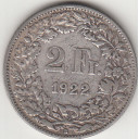 1922 - Svizzera Argento 2 Francs Silver Switzerland Standing Helvetia